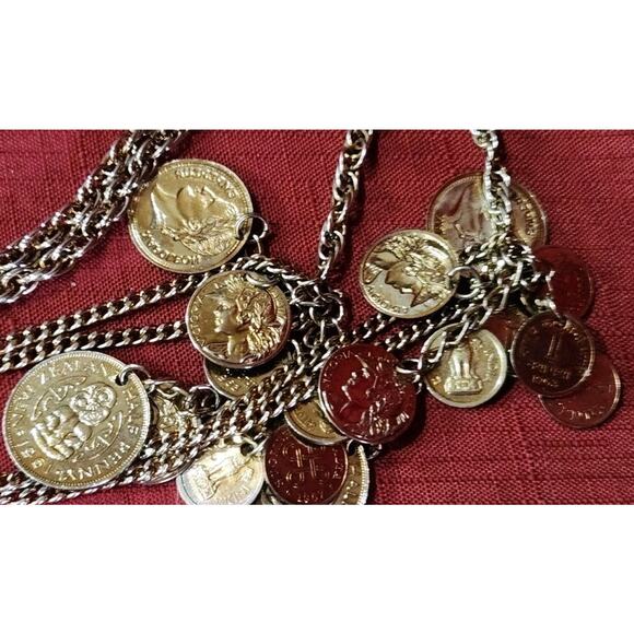 Vintage 1960s Charm Faux COIN Necklace, Inc India, New Zealand - Picture 2 of 11